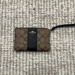 Coach Brown Signature Wristlet with Black Center Panel